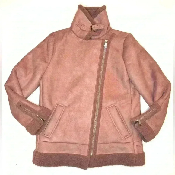 LOFT Women’s Pink Faux Suede Moto Aviator Sherpa Jacket Size- M - Picture 7 of 11